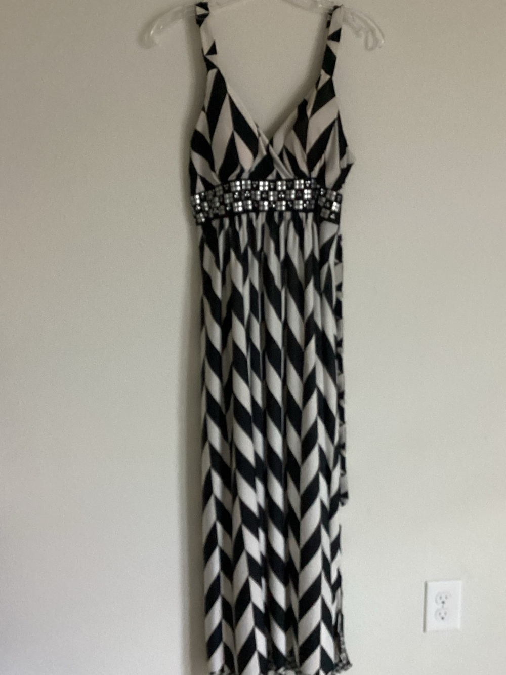 Black and White Striped Maxi Dress with Jeweled Waist